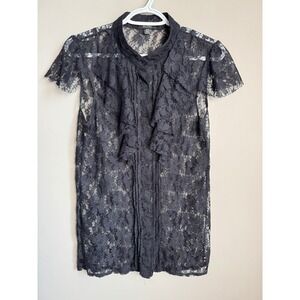Majora Black Ruffle Lace Button Up Short Sleeve Blouse S Goth Romantic Coquette